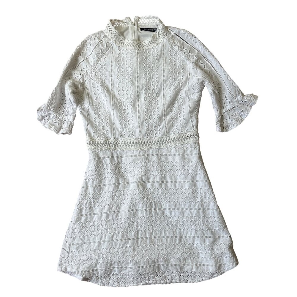 Simplee White Lace Eyelet Mini Dress Womens Medium Mock Neck Bohemian Chic